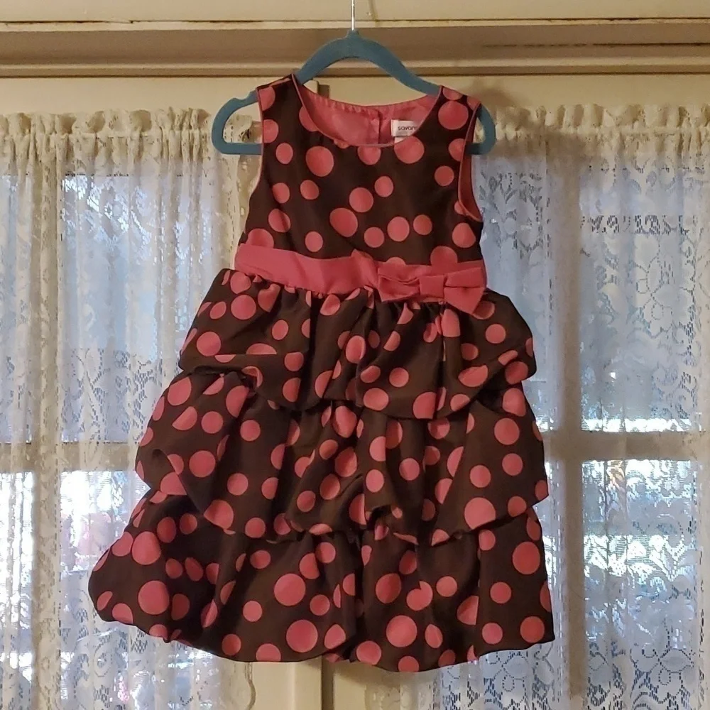Savannah Pink and Brown Polka Dot Tiered Dress Size 4T